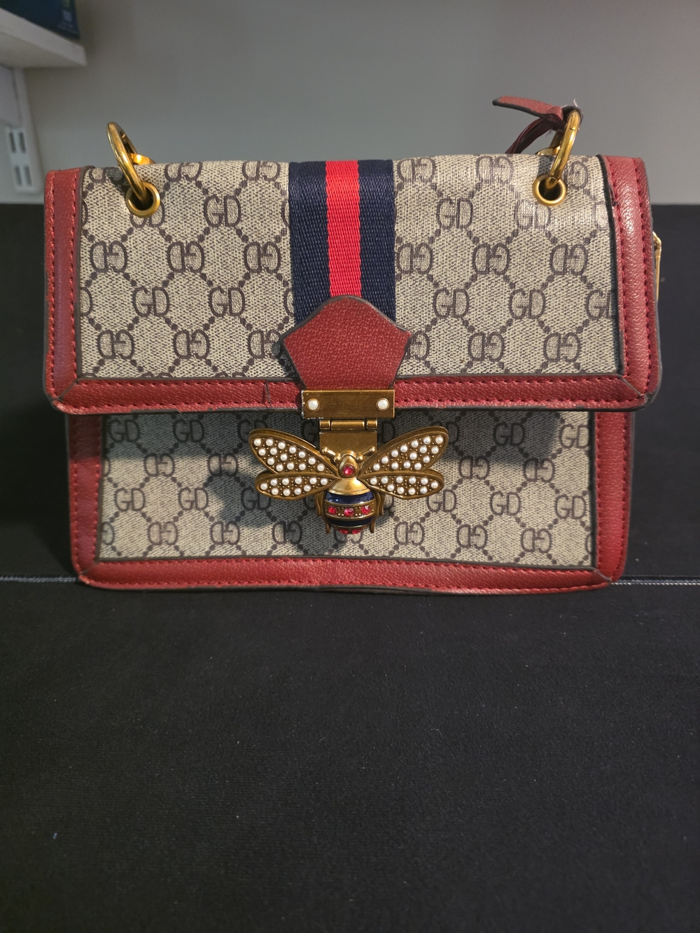 Women's Bee Clasp Monogram Crossbody Satchel Handbag Red & Beige
